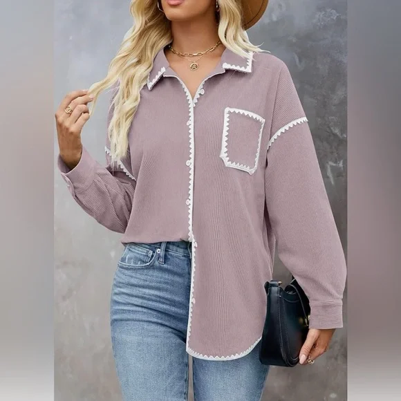 Sold: Womens Corduroy Shacket Jacket w/Buttons Oversized Blouses w/pockets Sz.L - Picture 3 of 9